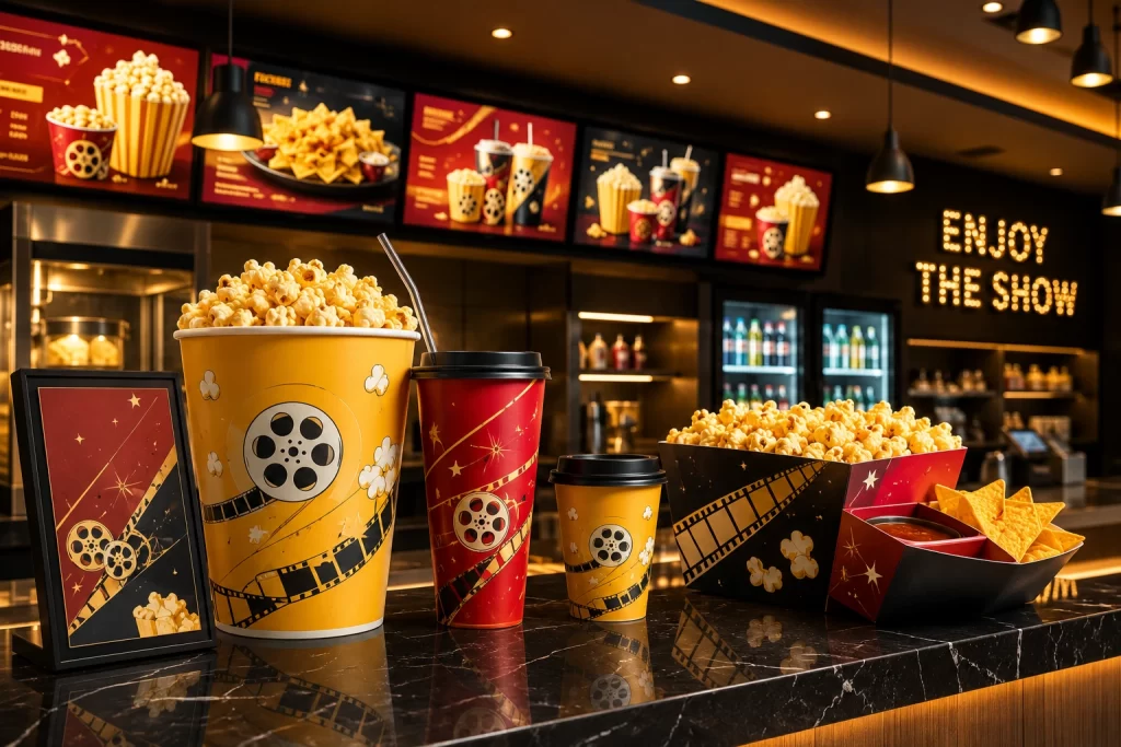 concession advertising branding on popcorn tubs, cups, trays, menus, or food counter displays