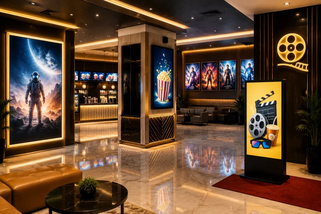 lobby advertising posters, standees, digital displays, and branded décor in cinema common areas