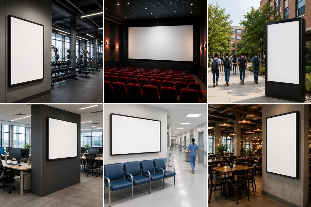 place based media gyms, cinemas, campuses, offices, hospitals, and restaurants