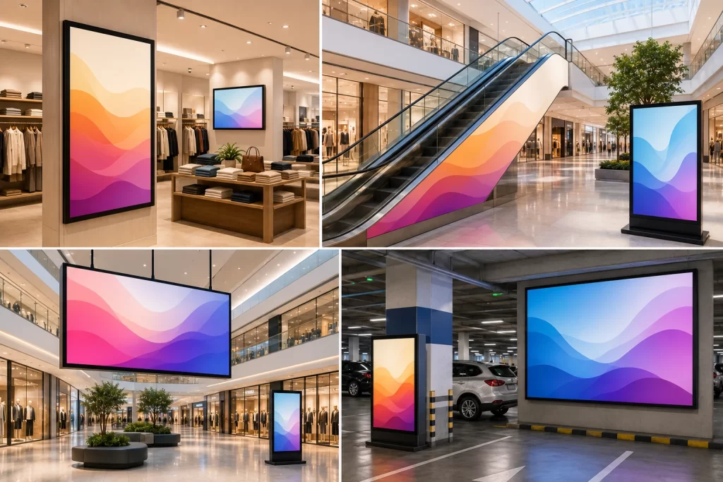 retail and mall media in store screens, mall displays, escalators, and parking areas