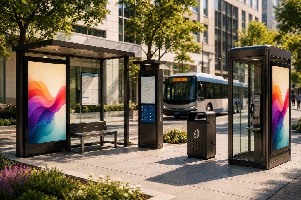 street furniture bus shelters, benches, kiosks, public bins, and phone booths