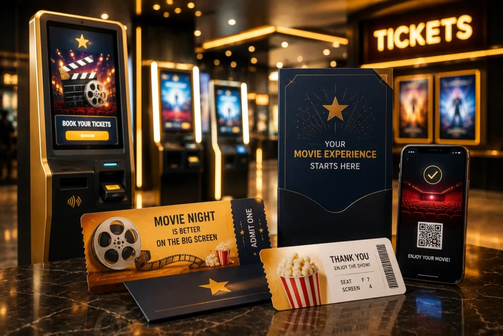 ticketing advertising promotions printed on tickets, booking confirmations, or ticket kiosks