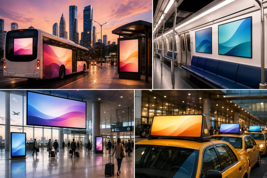 transit ads buses, trains, taxis, ride shares, airports, and stations