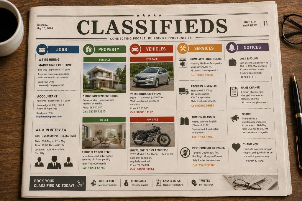 classified ads short listings for jobs, property, vehicles, services, and notices