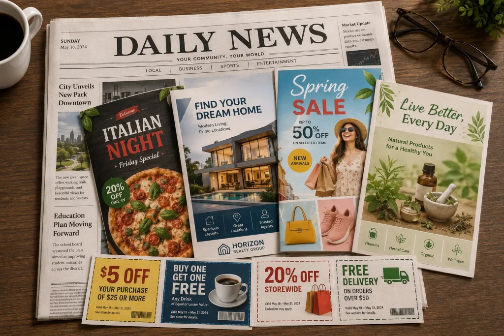 inserts separate flyers, brochures, coupons, or catalogues placed inside the paper