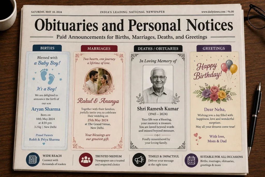 obituaries and personal notices paid announcements for births, marriages, deaths, and greetings