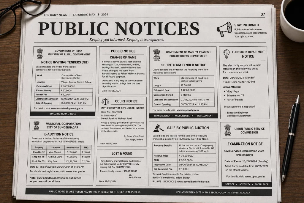 public notices legal announcements, tenders, auctions, and government notices