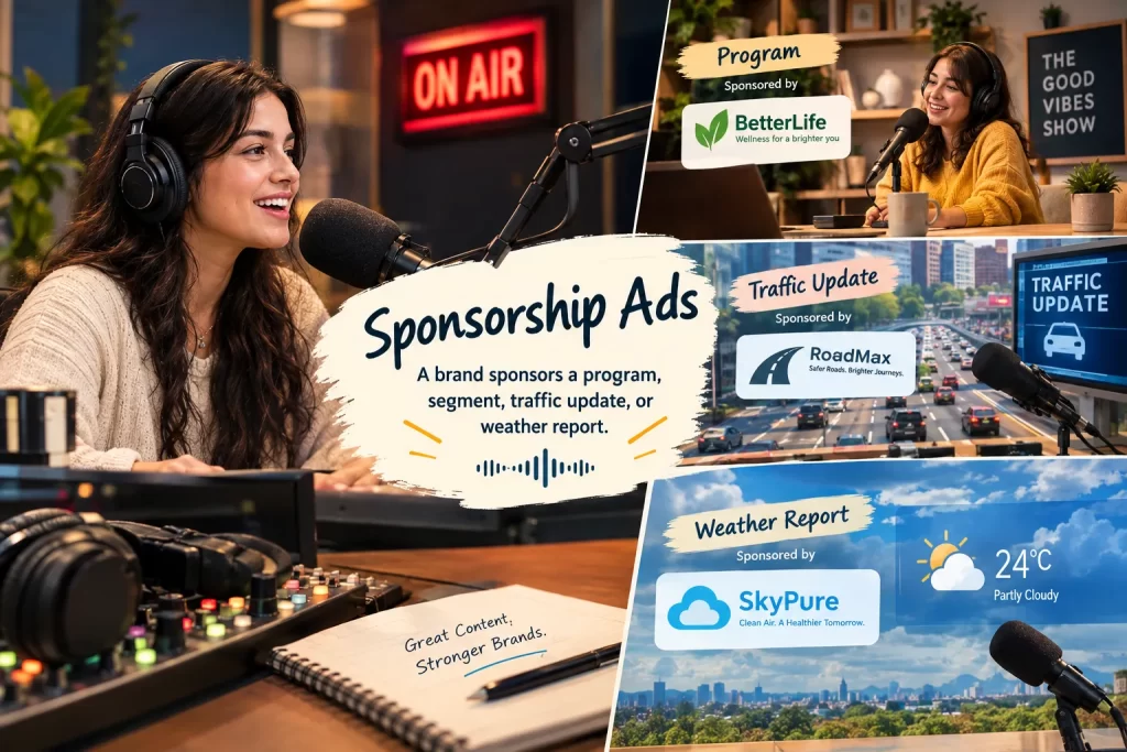 sponsorship ads a brand sponsors a program, segment, traffic update, or weather report