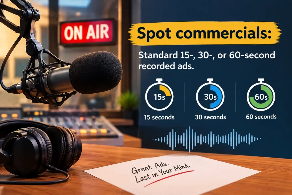 spot commercials standard 15 , 30 , or 60 second recorded ads